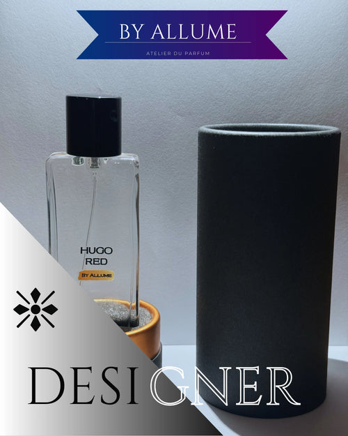 Hugo Red designer perfume bottle with black cap, next to black cylindrical case, modern layout.