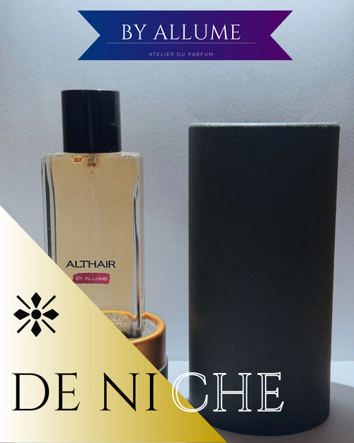 Althair perfume bottle by Allume with black cylindrical box, luxury niche fragrance.
