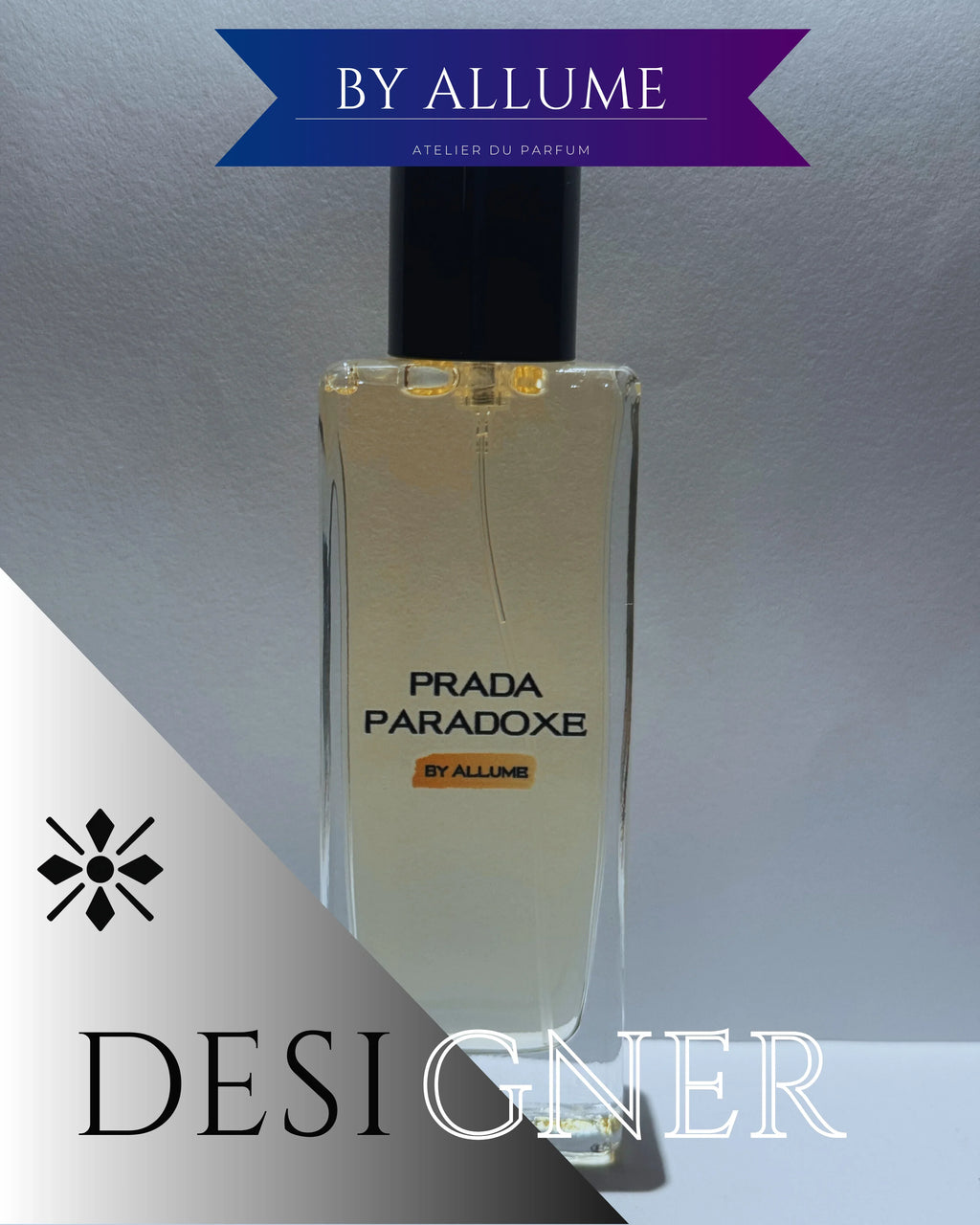 Clear square perfume bottle labeled Prada Paradoxe by Allume with black cap on gray background