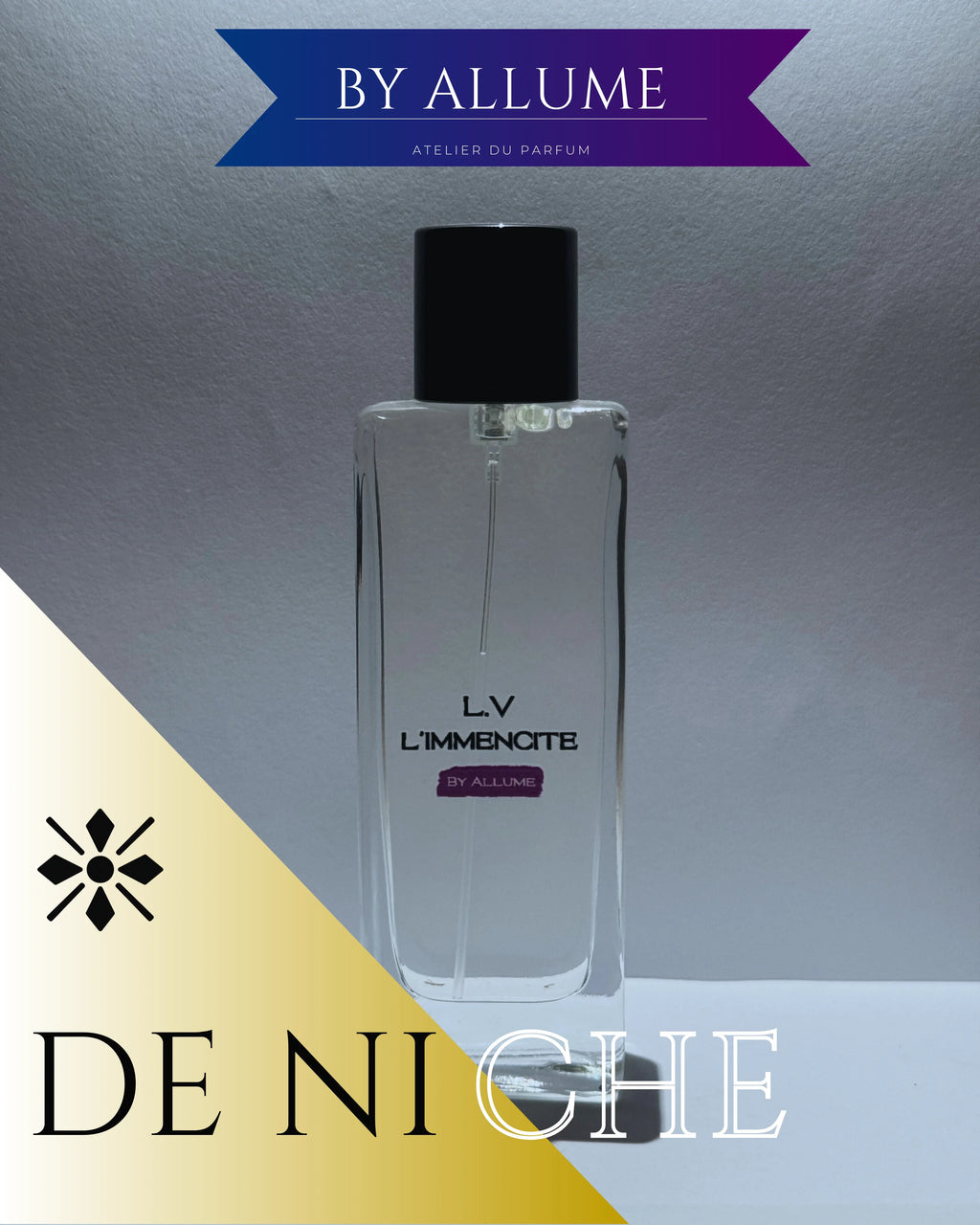 Clear glass perfume bottle labeled L.V L'IMMENSITE by Allume on minimalist background, niche fragrance.