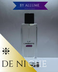 Clear glass perfume bottle labeled L.V L'IMMENSITE by Allume on minimalist background, niche fragrance.