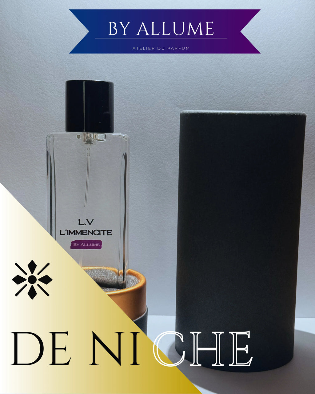 Luxury perfume bottle with black cap, gift box, and DE NICHE text on a gold background