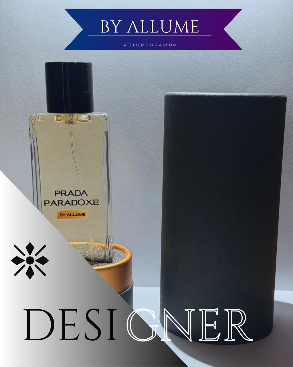Designer perfume bottle labeled Prada Paradoxe by Allume with cylindrical packaging