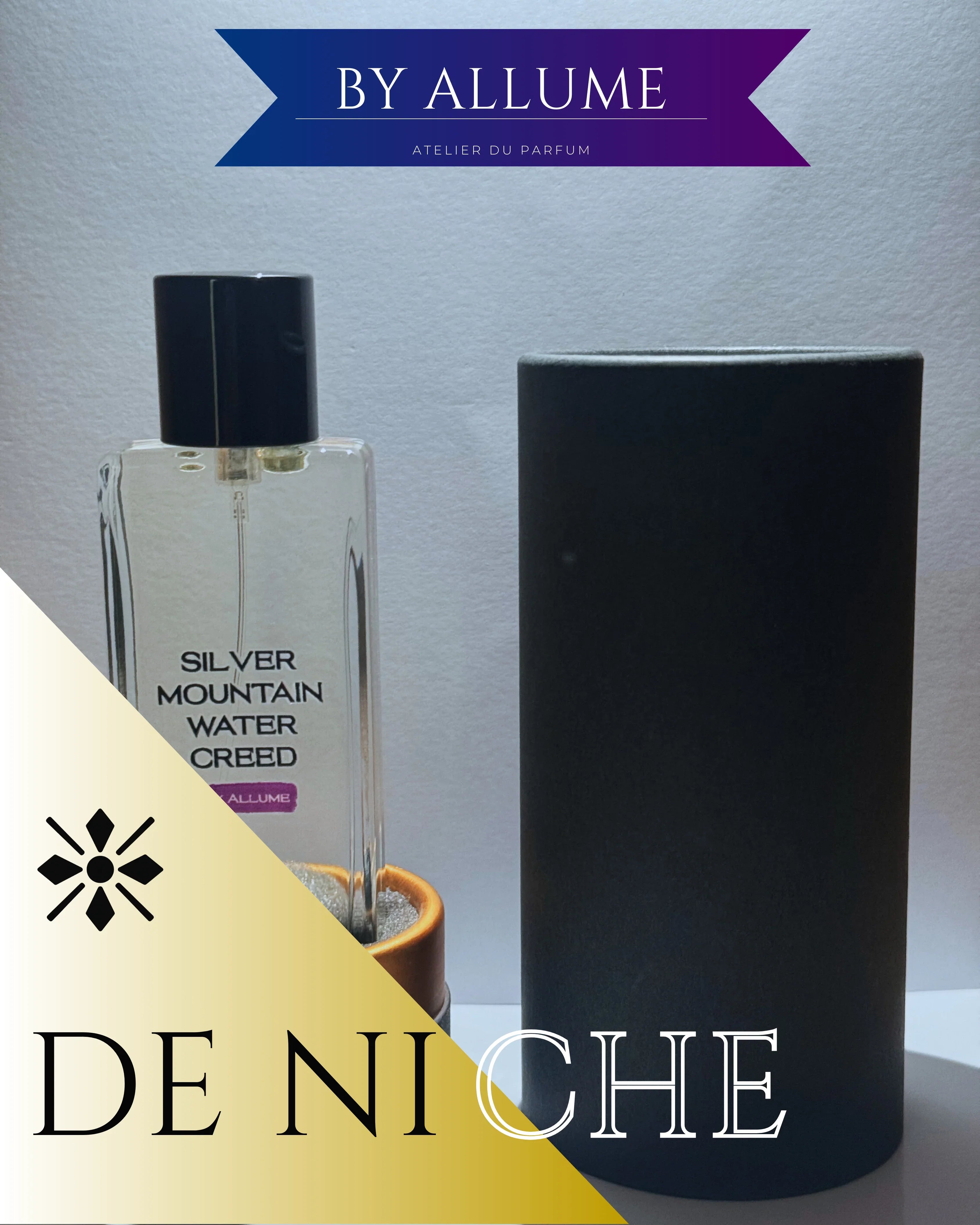 Silver Mountain Water Creed perfume bottle and black cylindrical case on white background