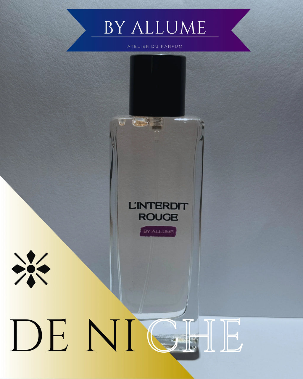 Clear glass perfume bottle with black cap labeled L'INTERDIT ROUGE by ALLUME, minimalist design