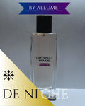 Clear glass perfume bottle with black cap labeled L'INTERDIT ROUGE by ALLUME, minimalist design