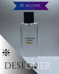 Clear glass 1 Million Lucky designer perfume bottle with black cap on a minimalist background.