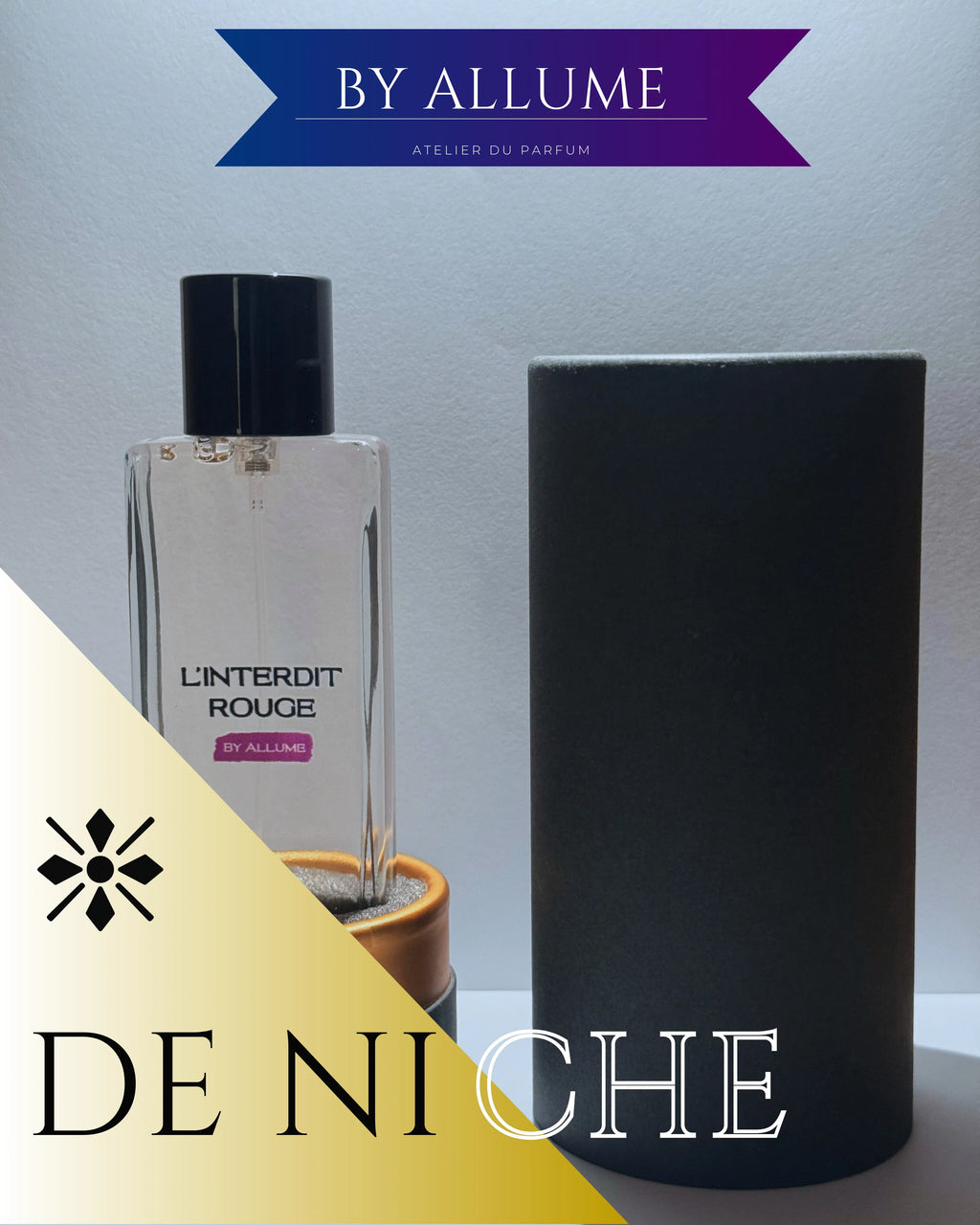 Clear L'Interdit Rouge perfume bottle with black cap beside elegant black cylindrical box, niche fragrance.