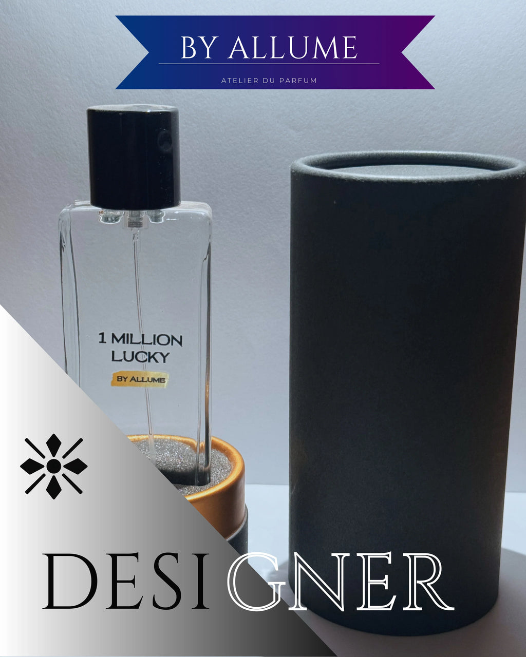 1 Million Lucky perfume bottle with black cap and designer packaging, minimalist background