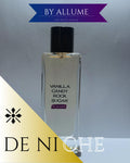 Vanilla Candy Rock Sugar perfume bottle with black cap on a minimalist background