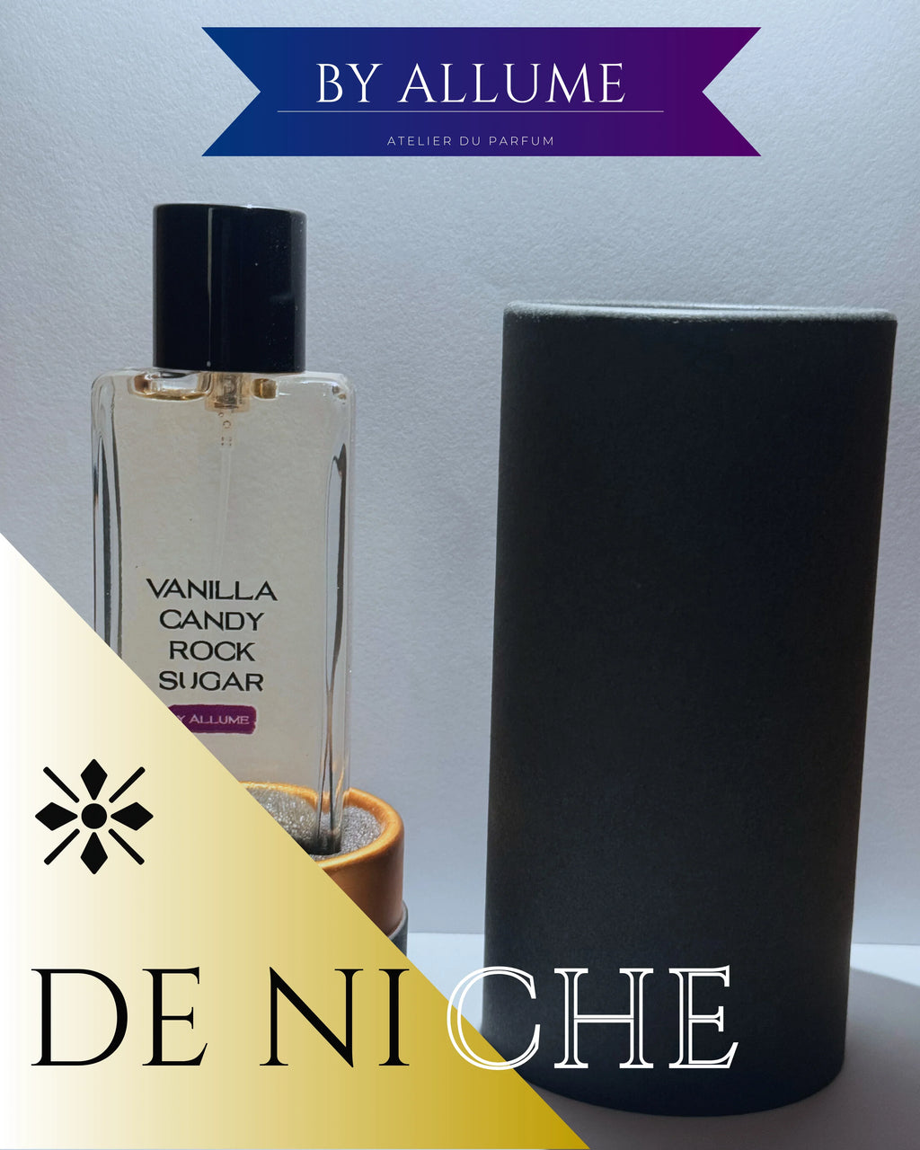 Vanilla Candy Rock Sugar perfume bottle with black cap and cylindrical packaging, niche fragrance.