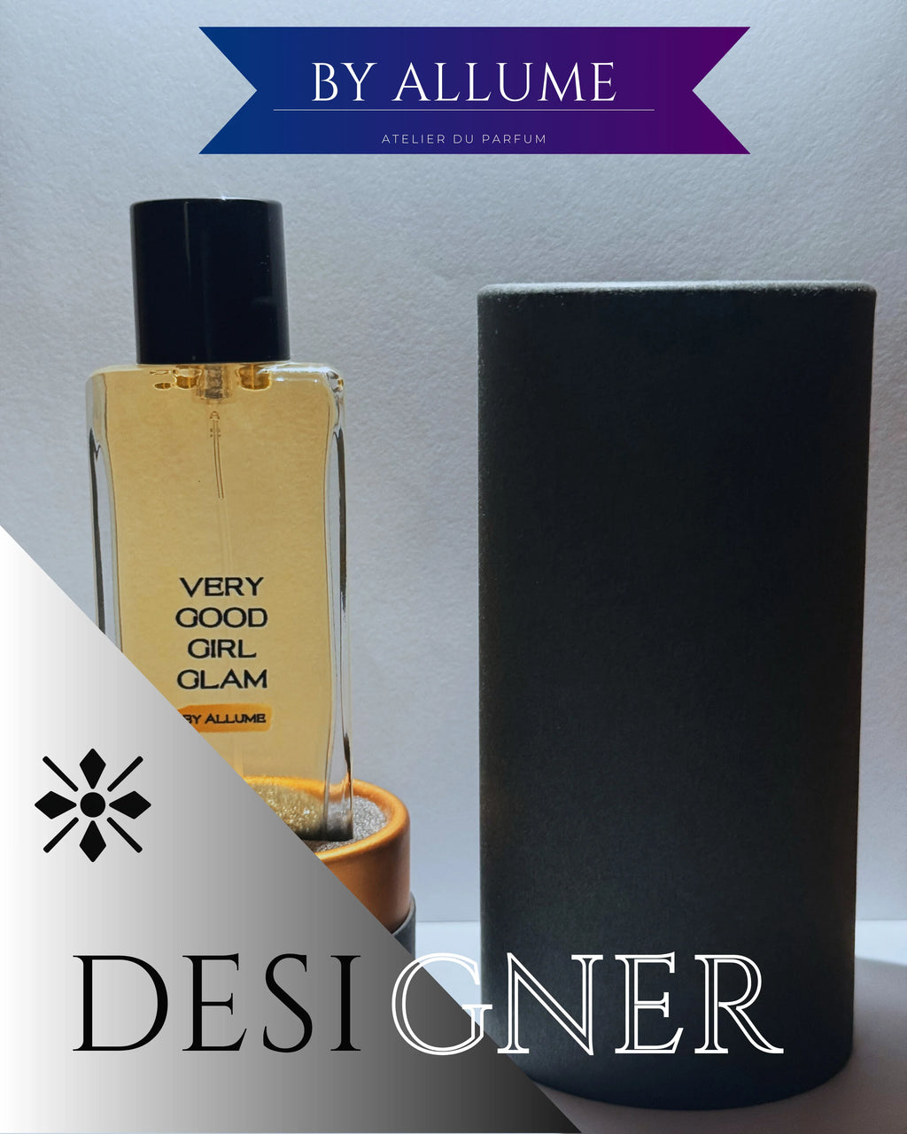 Designer perfume bottle labeled Very Good Girl Glam by Allume with black cylindrical case.