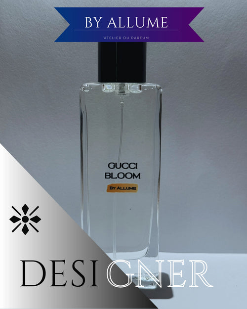Clear glass perfume bottle labeled GUCCI BLOOM with black cap, designer fragrance theme.