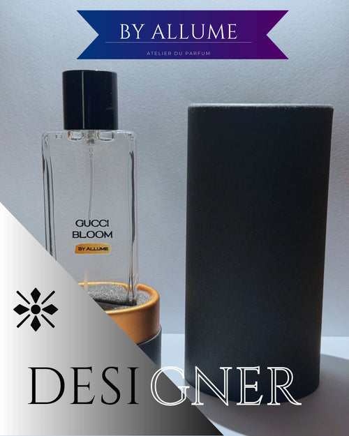 Gucci Bloom perfume bottle by Allume with black cylindrical case, designer fragrance display