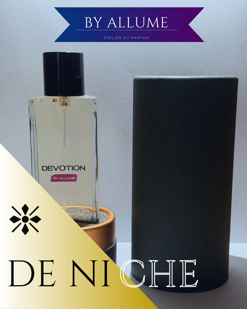 Devotion perfume bottle with black cylindrical case, luxury fragrance packaging, DE NICHE label