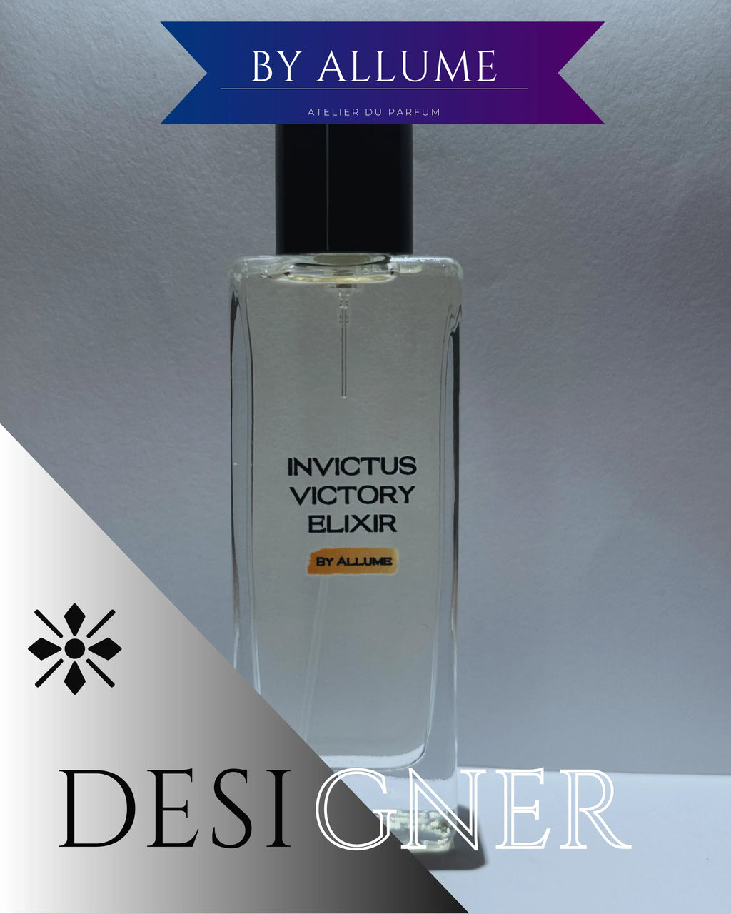 Clear glass bottle of Invictus Victory Elixir fragrance with black cap and bold text design.
