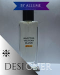 Clear glass bottle of Invictus Victory Elixir fragrance with black cap and bold text design.