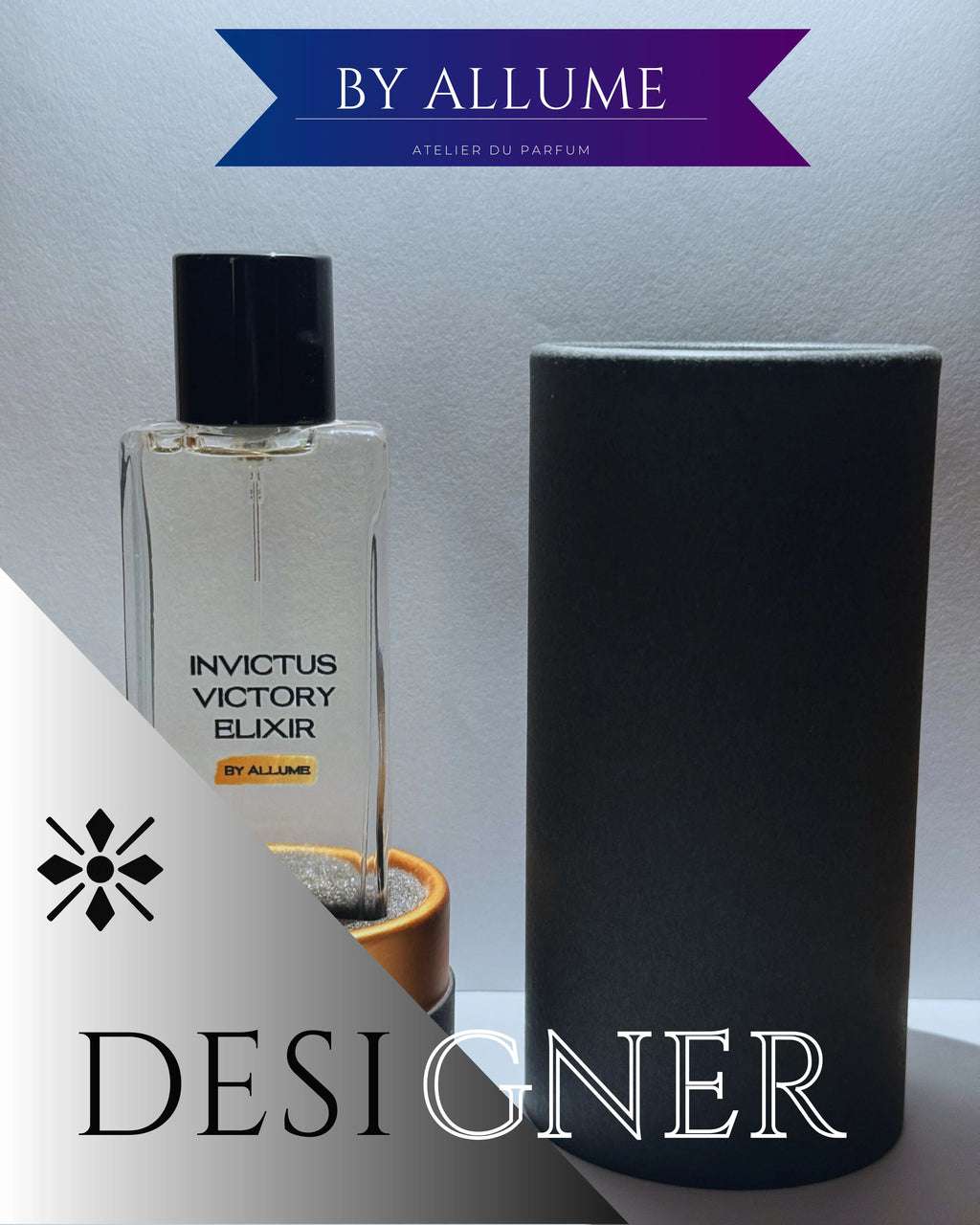 Invictus Victory Elixir perfume bottle with black cap and cylindrical packaging, designer fragrance presentation.