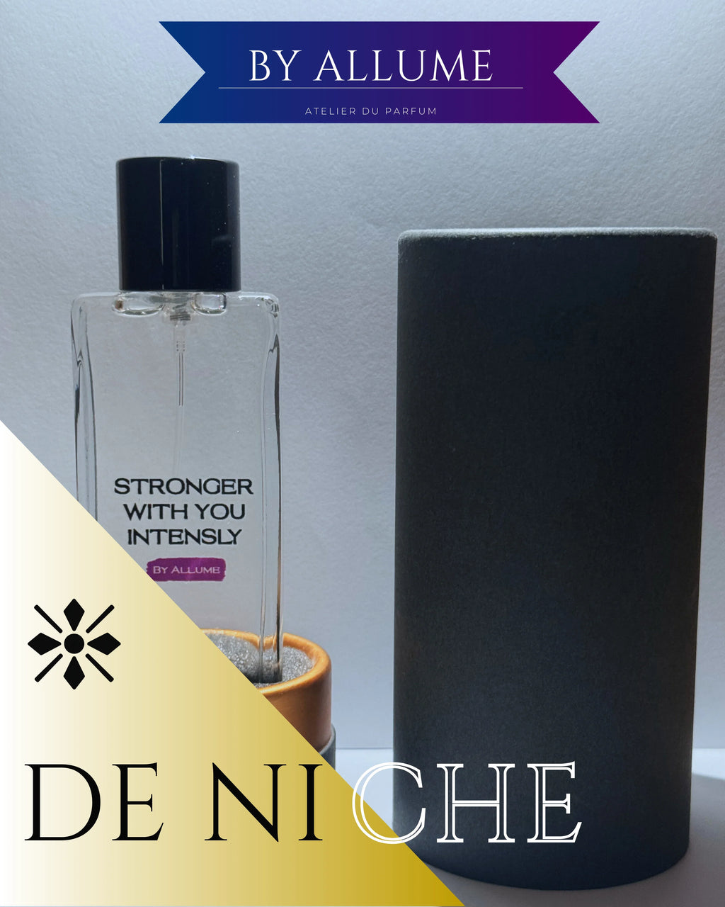 Clear perfume bottle with black cap labeled Stronger With You Intensely beside a cylinder case, luxury niche fragrance display.