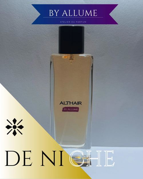 Althair by Allume perfume bottle with black cap on a white and gold background, DE NICHE text overlay.