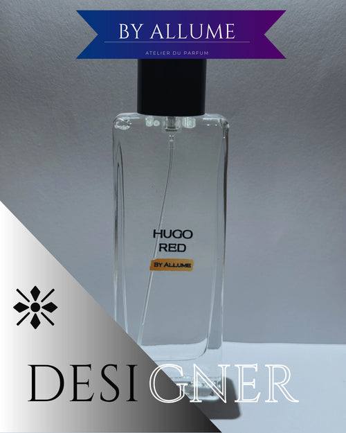 Clear glass perfume bottle with black cap labeled Hugo Red by Allume, designer fragrance.