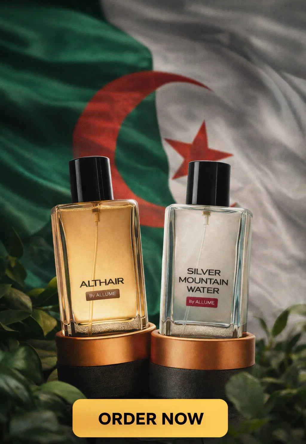 Althair and Silver Mountain Water perfumes displayed with green leaves and Algerian flag background