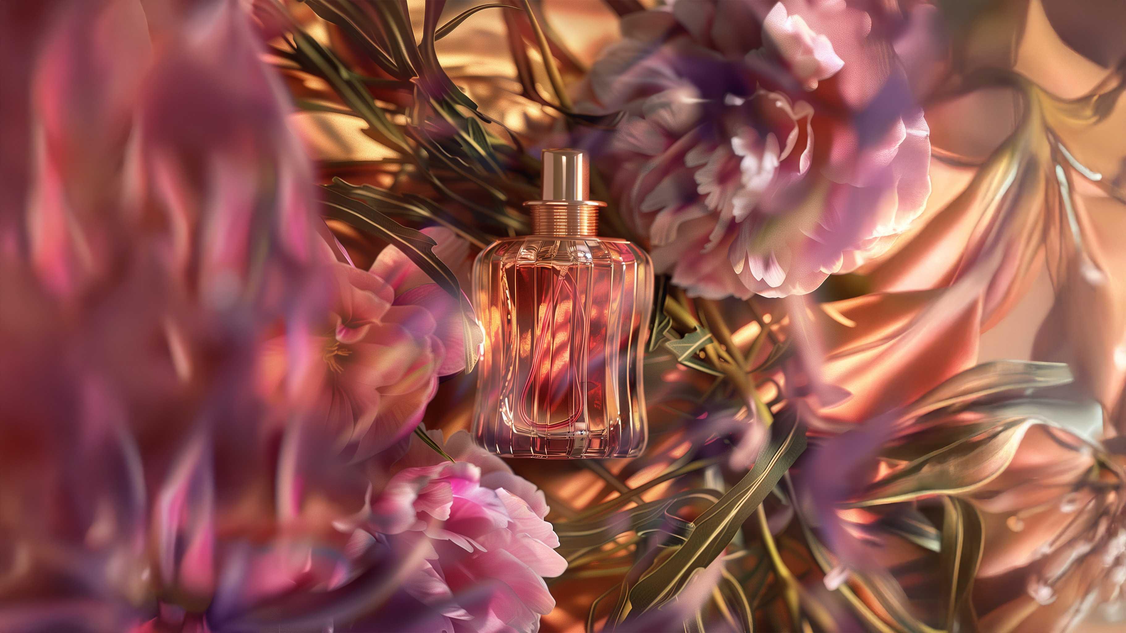 Elegant perfume bottle with amber liquid surrounded by soft-focus pink flowers