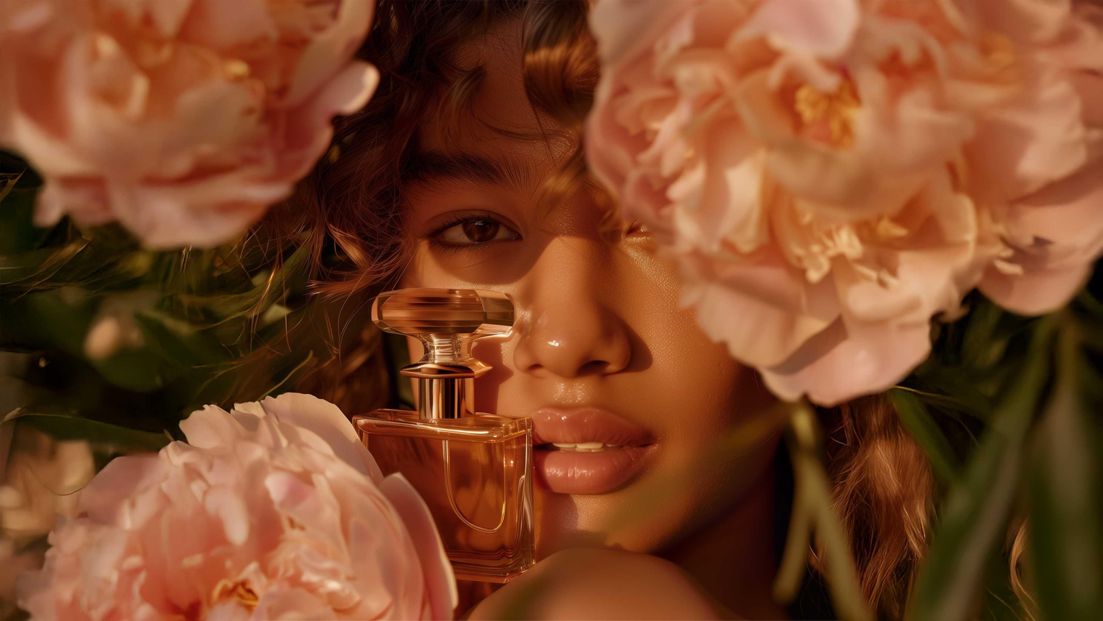 Woman with floral perfume bottle among pink peonies, warm natural light, beauty fragrance