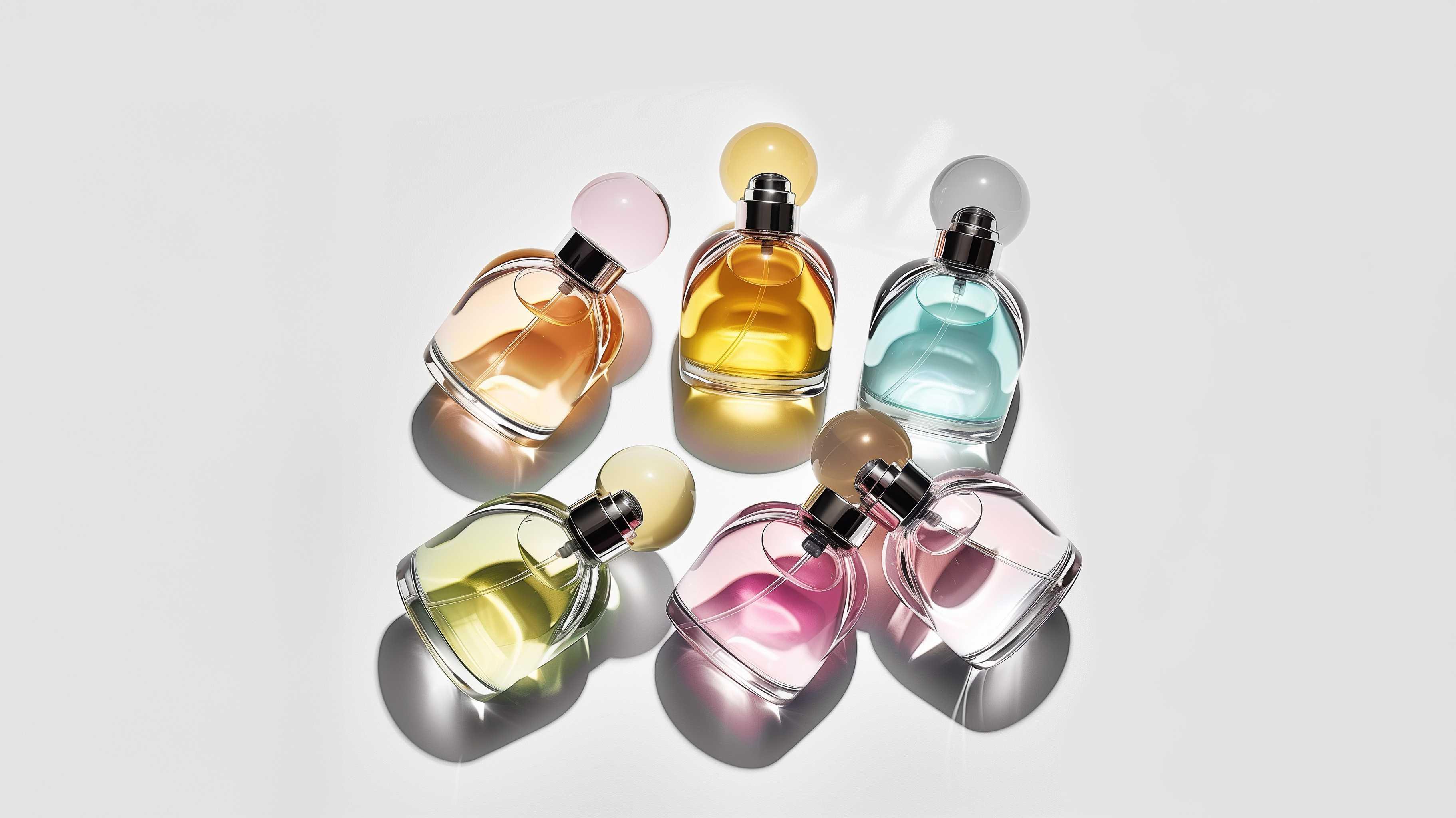 Six colorful glass perfume bottles with round caps arranged on a light background