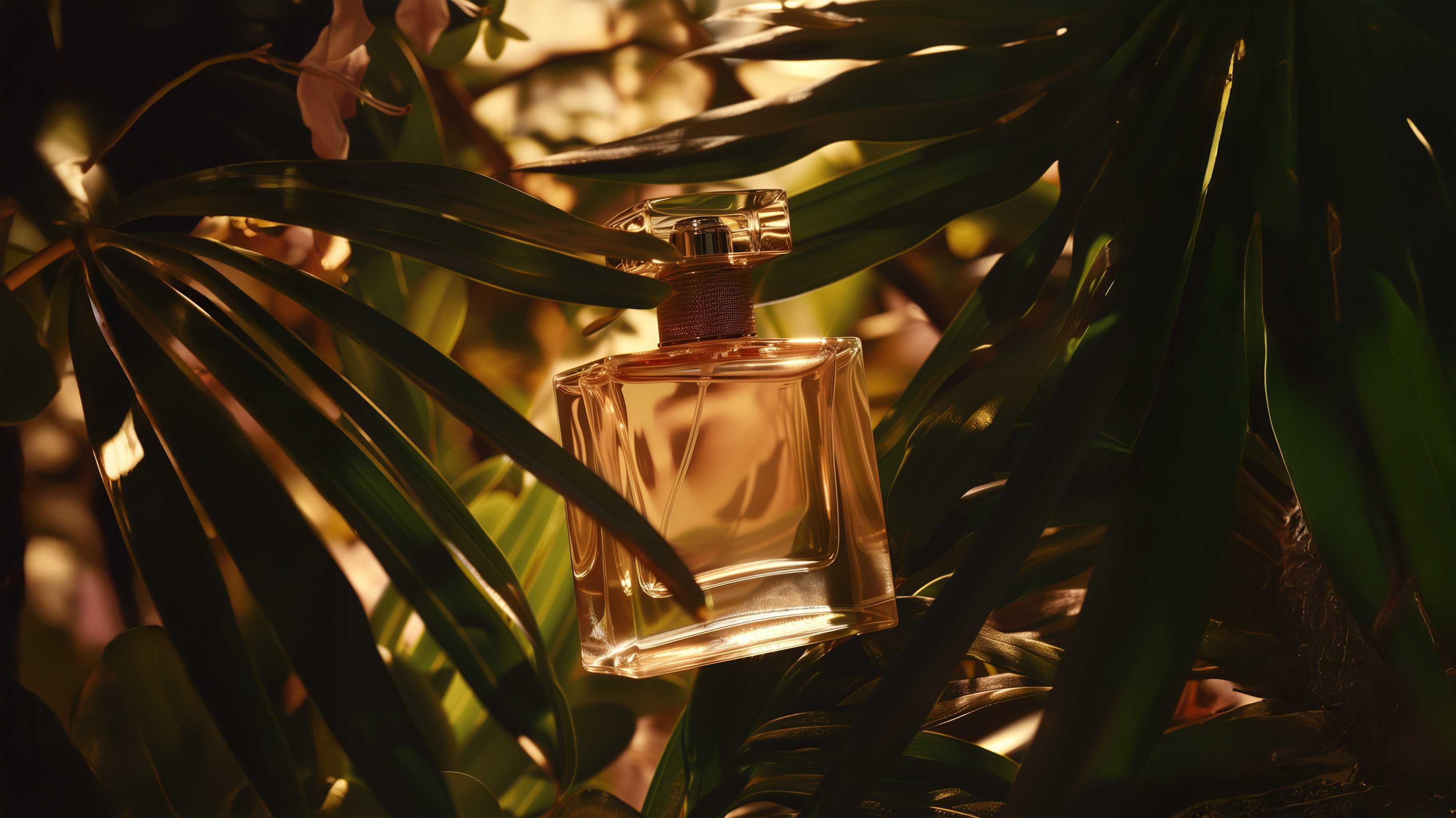 Elegant glass perfume bottle among green tropical leaves, warm lighting, fragrance product